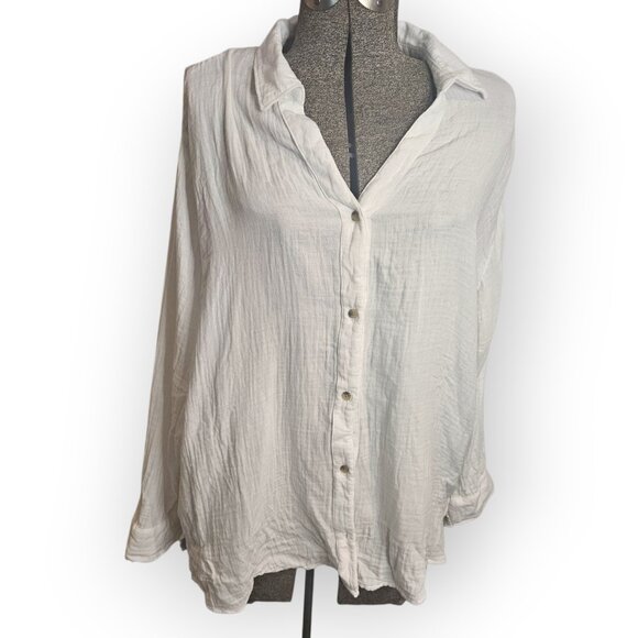 Crinkle Gauze Button-Down Boyfriend Shirt L - Picture 3 of 7